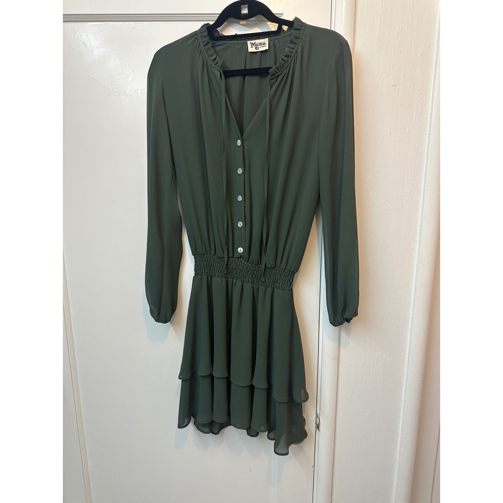 Show Me Your Mumu Green Chiffon Smocked Waist Tiered Ruffle Mini Dress XS Womens